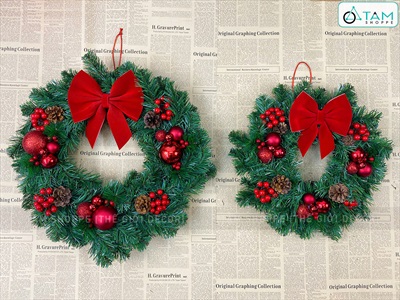 Vòng nguyệt quế Noel cổ điển nơ đỏ ĐK 40-50cm VNGQ-X-47